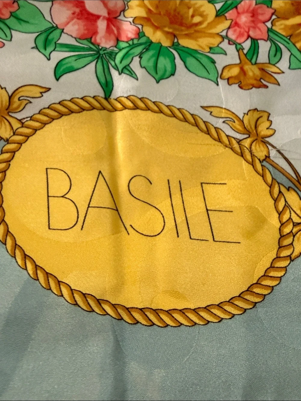 BASILE Silk Floral Garden Square Scarf in Gold, Pink Green & Blue made in Italy
